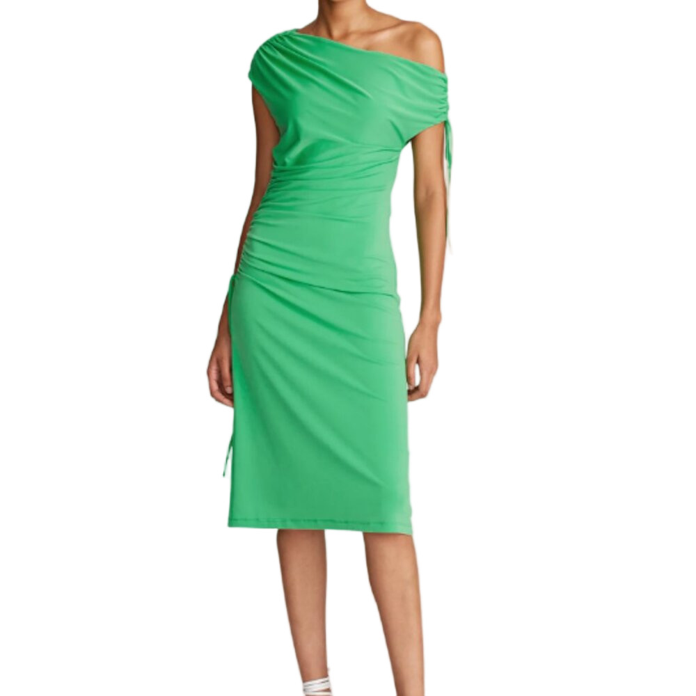 Halston Lenia Green Cinched Sleeveless Asymmetrical Ruched Midi Dress Size M NWT